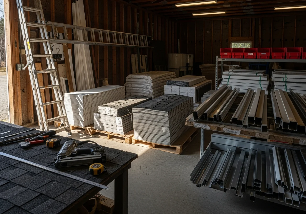 Professional contractor tools and materials organized on a worksite, showcasing the trade equipment used for windows, siding, and roofing installations.