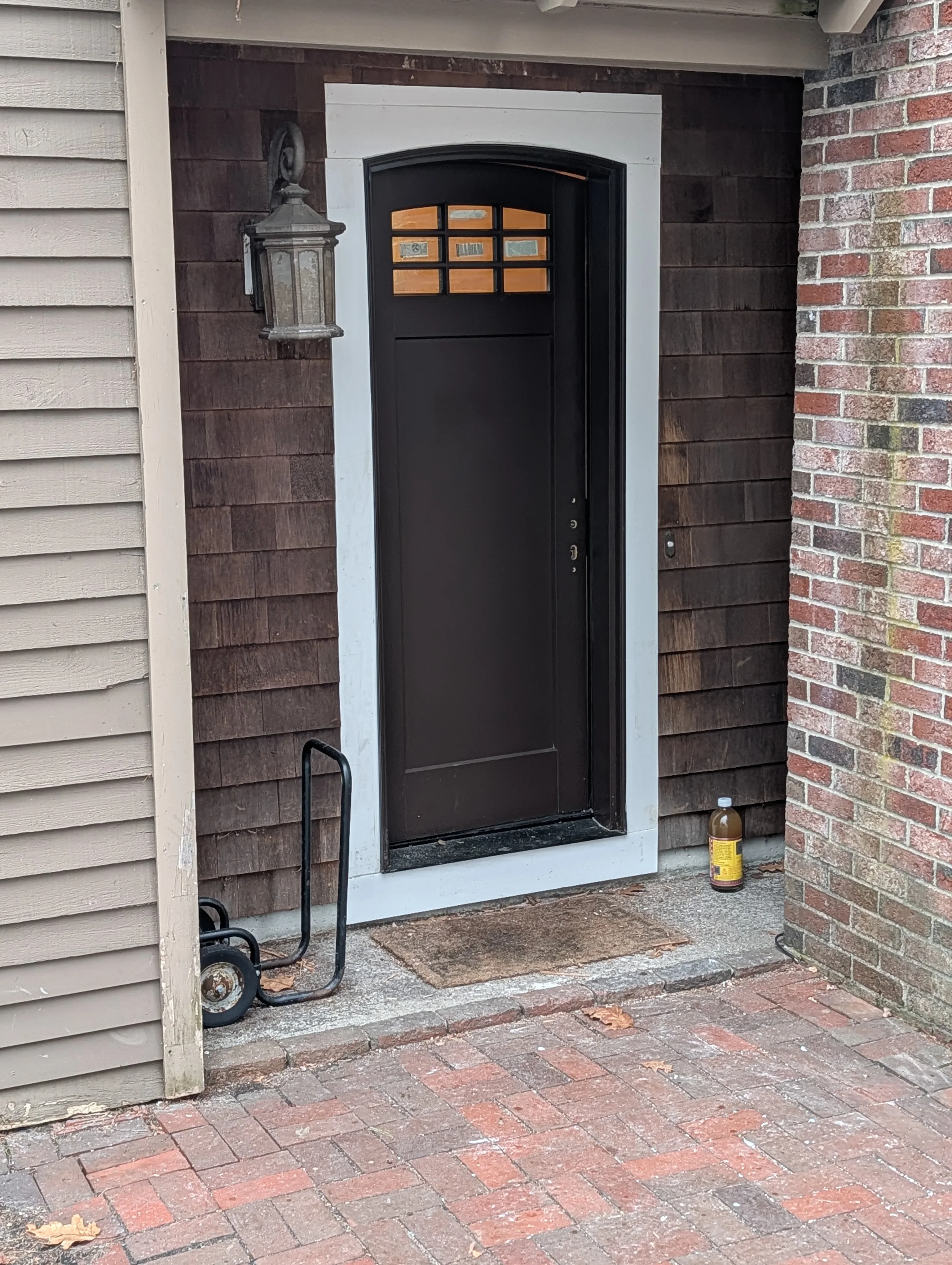 Black entry door with glass panes and white trim frame on residential home