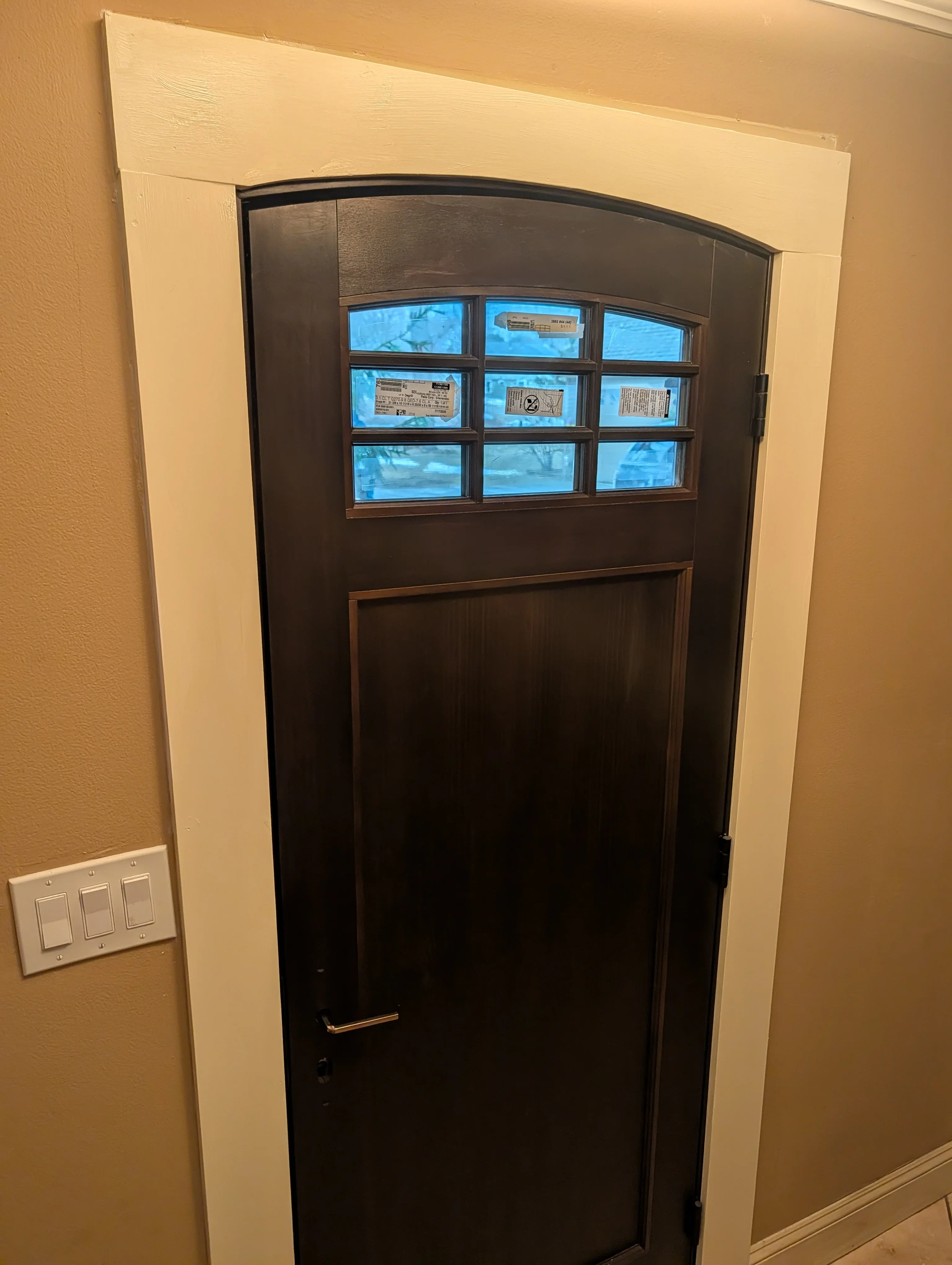 Dark garage door with nine glass panels and curved header installed in cream-colored frame