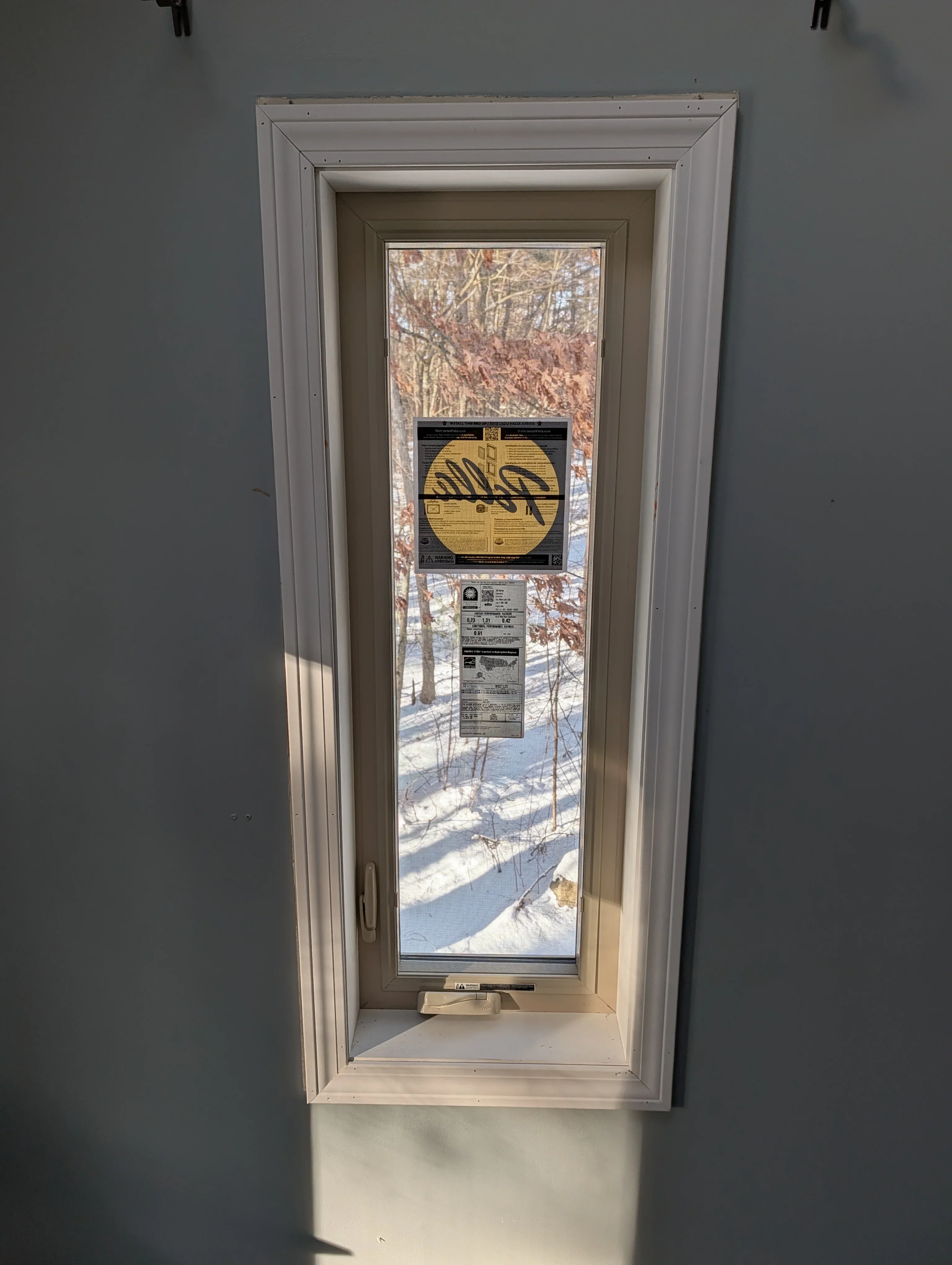 White vinyl casement window with tan trim installed in deep wall opening overlooking winter forest