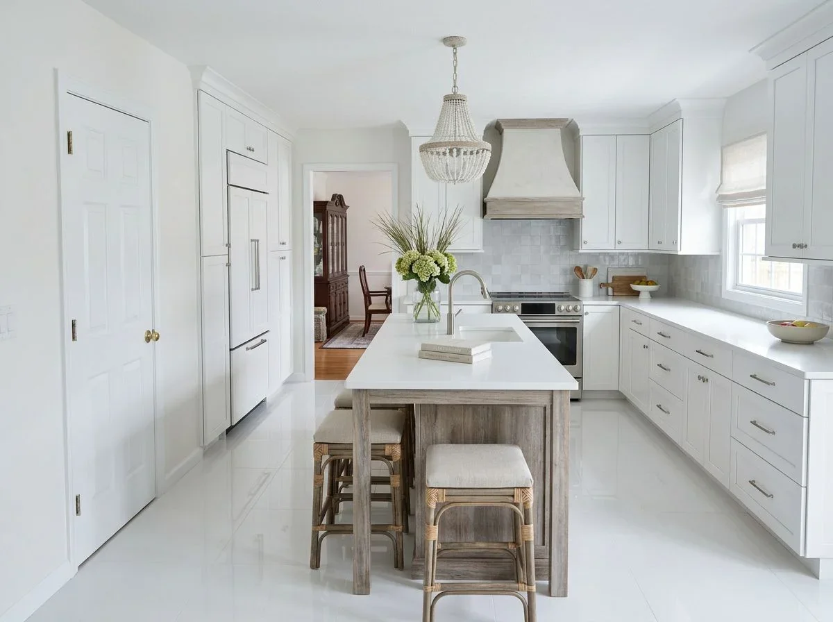 Bright white kitchen with island, quartz counters, and beaded chandelier
