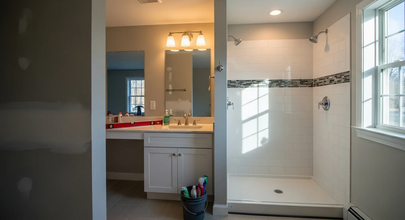A fully remodeled bathroom in a southern New Hampshire home featuring new tile flooring, a white vanity with storage, and a walk-in shower with glass enclosure. Clean, modern finishes replace the original outdated layout typical of older colonial-style homes in the Bedford and Nashua area.