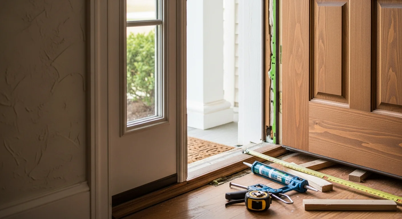 A newly installed exterior entry door on a colonial-style home in Bedford, New Hampshire, with clean trim work and a tight weatherproof seal visible along the frame. The surrounding landscaping and driveway reflect a typical southern NH residential property.
