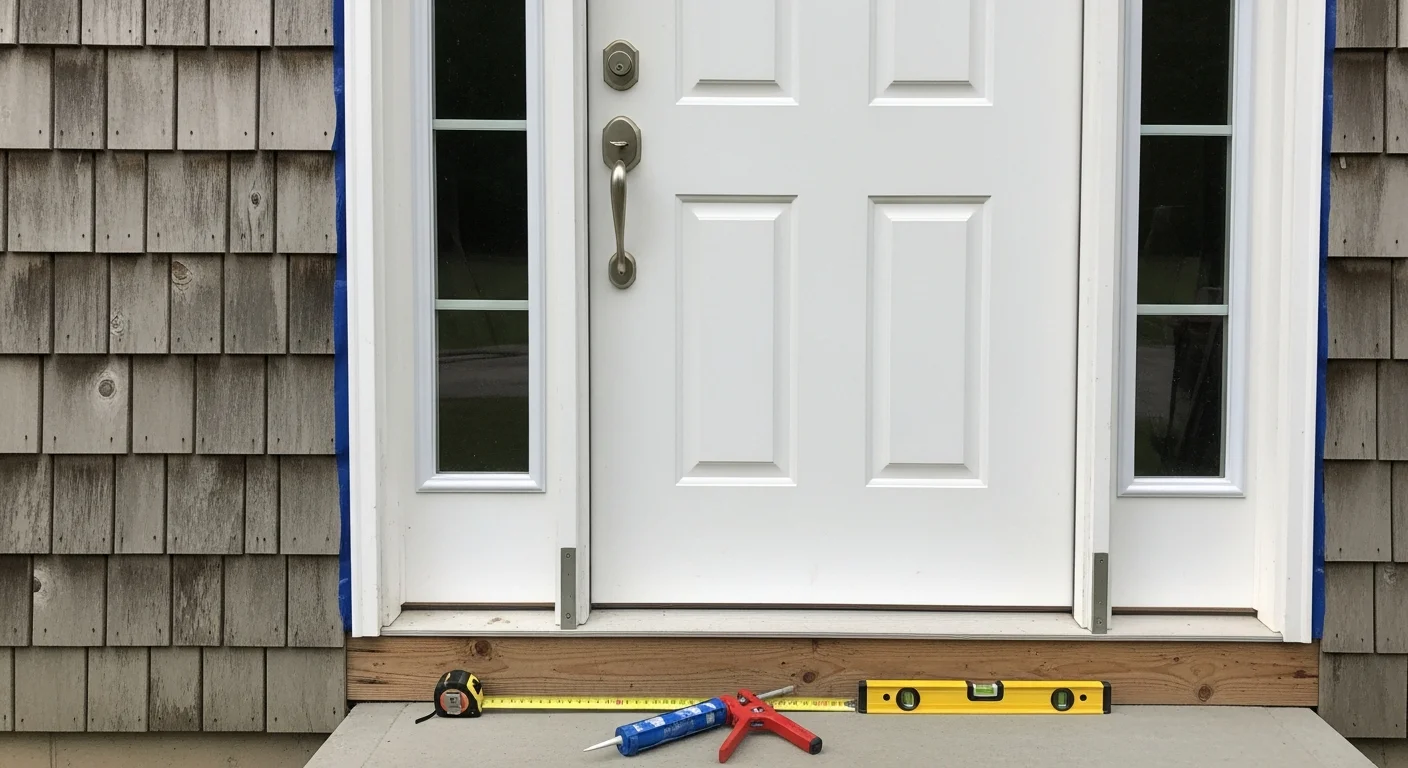 A newly installed exterior entry door on a colonial-style home in Bedford, New Hampshire, with clean trim work and a tight weatherstripped frame visible against a winter exterior. The finished entryway shows a square, flush fit with no visible gaps between the door slab and frame.