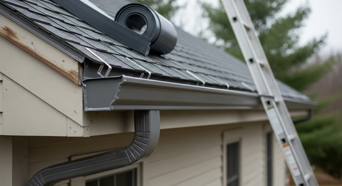 A roofing contractor from Home Pros installing a seamless gutter system along the fascia of a two-story colonial home in Bedford, New Hampshire, with a ladder positioned at the roofline and downspout extension directed away from the foundation.