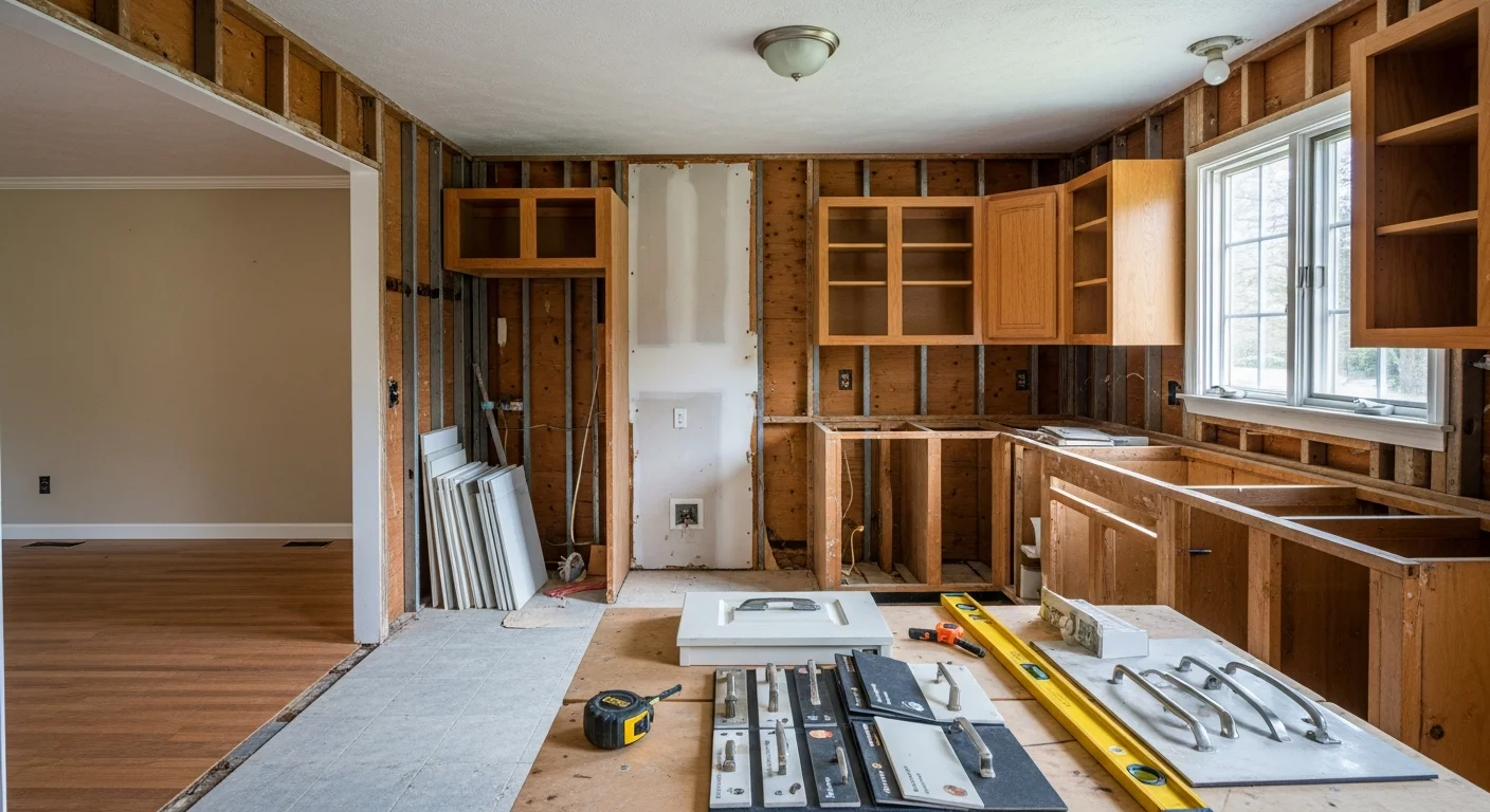 Fully remodeled kitchen in a Bedford, NH home featuring new white shaker cabinets, updated countertops, and recessed lighting. The open layout reflects a common renovation goal for homeowners across southern New Hampshire and northeastern Massachusetts.