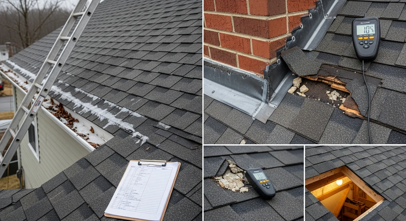 A Home Pros roofing contractor inspecting shingles and flashing on a residential roof in Milford, New Hampshire. The inspector examines the roof surface and gutter line on a clear day following a winter storm season.