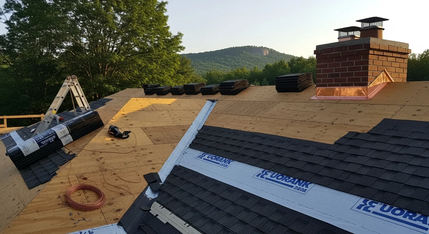 A newly installed residential roof on a single-family home in Bedford, NH, showing clean shingle lines, ridge ventilation, and flashed chimney detail. The surrounding landscape reflects a typical southern New Hampshire neighborhood setting.