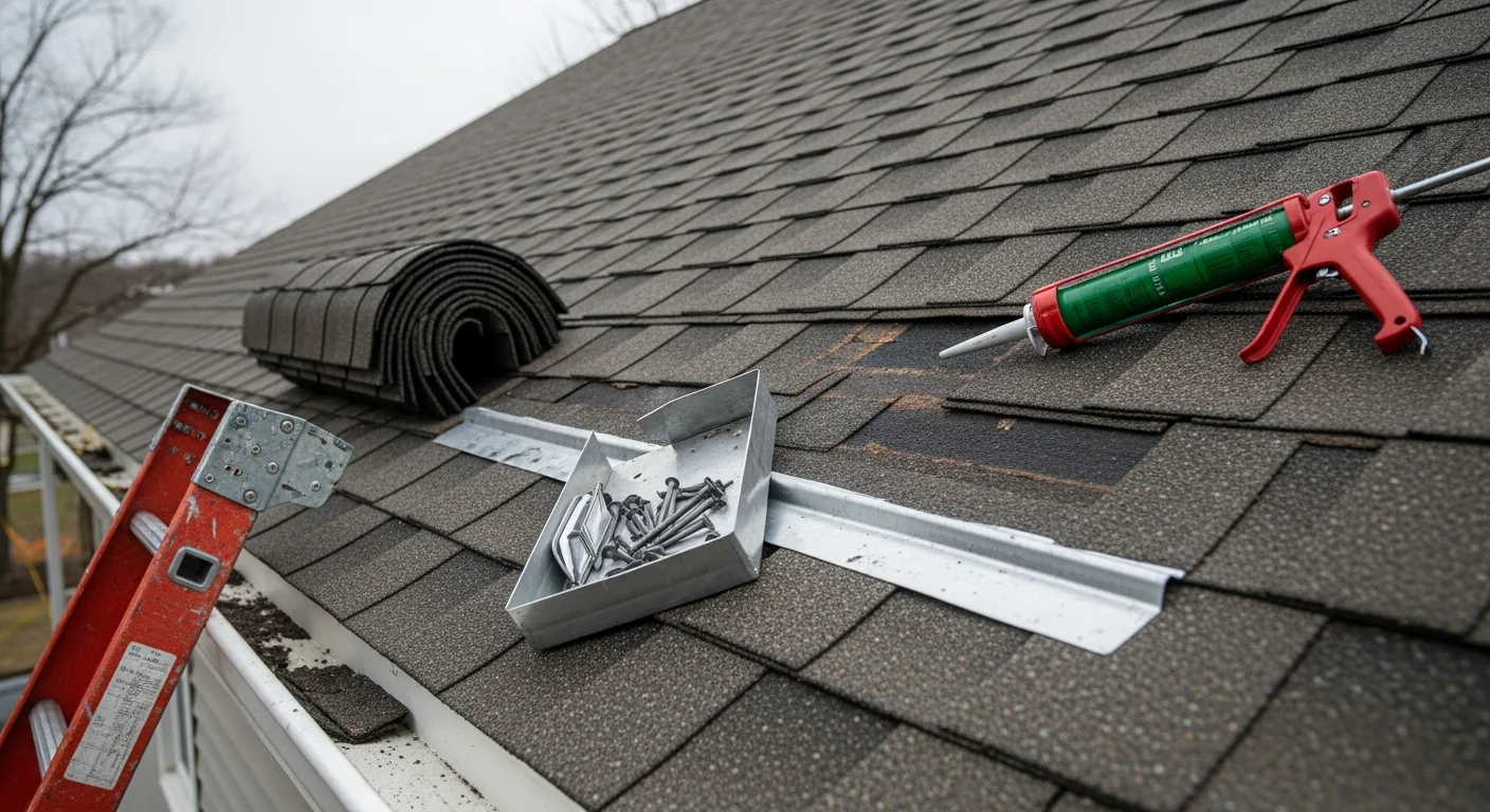 A Home Pros roofing contractor replacing damaged shingles on a residential roof in Bedford, New Hampshire, with visible repair work on the field area near the ridge. Close-up view shows fresh shingle installation on a two-story colonial-style home under clear sky conditions.