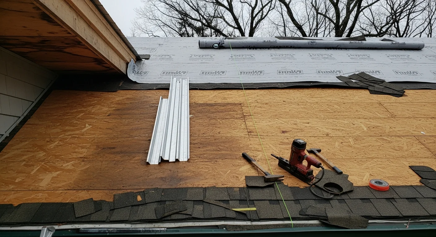 A completed residential roof replacement on a two-story colonial home in southern New Hampshire, showing new shingles, clean ridge line, and finished flashing around the chimney. The surrounding neighborhood reflects the wooded, suburban character common to towns like Bedford, Amherst, and Milford.