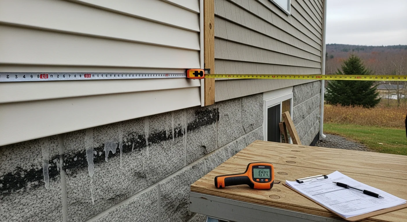 A Home Pros siding contractor inspecting the exterior wall of a two-story colonial home in southern New Hampshire, checking for moisture damage and measuring the siding surface during a pre-project consultation.
