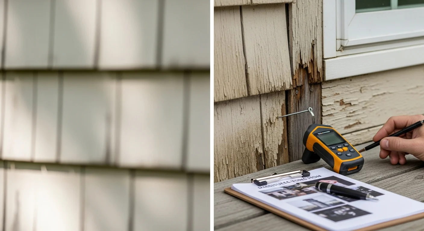 A Home Pros siding contractor inspecting the exterior panels and trim of a residential home in Bedford, New Hampshire, checking seams and flashing for signs of moisture damage and wear. Close-up view shows the inspector examining a panel joint along the window edge on a typical New England colonial-style home.
