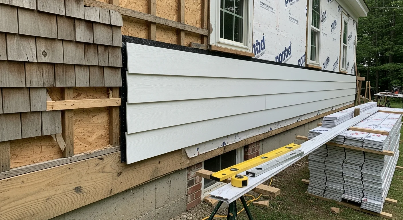 A two-story colonial home in Bedford, NH with newly installed siding, clean trim lines, and properly flashed window surrounds visible on the front and side elevations. The finished exterior shows tight panel alignment and no gaps at corners or penetrations.