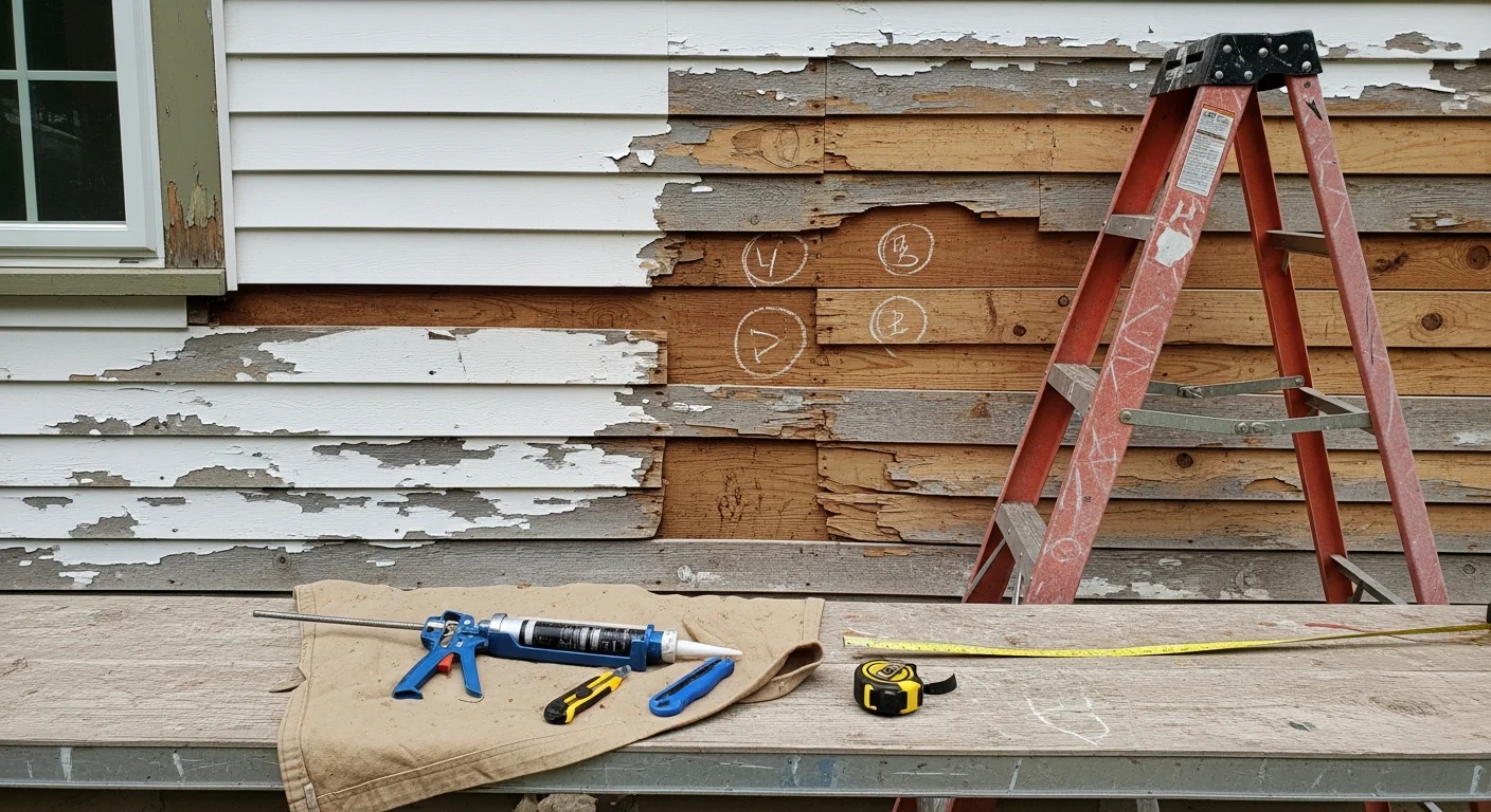 A Home Pros siding contractor replacing cracked and warped exterior panels on a two-story residential home in Bedford, New Hampshire. Repaired section shows flush, color-matched siding panels sealed along the wall seams.