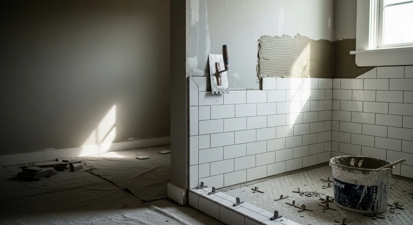 Freshly installed floor and wall tile in a bathroom remodel completed by Home Pros in Southern New Hampshire. Clean grout lines and level tile surfaces cover the shower walls and bathroom floor in a classic New England home.