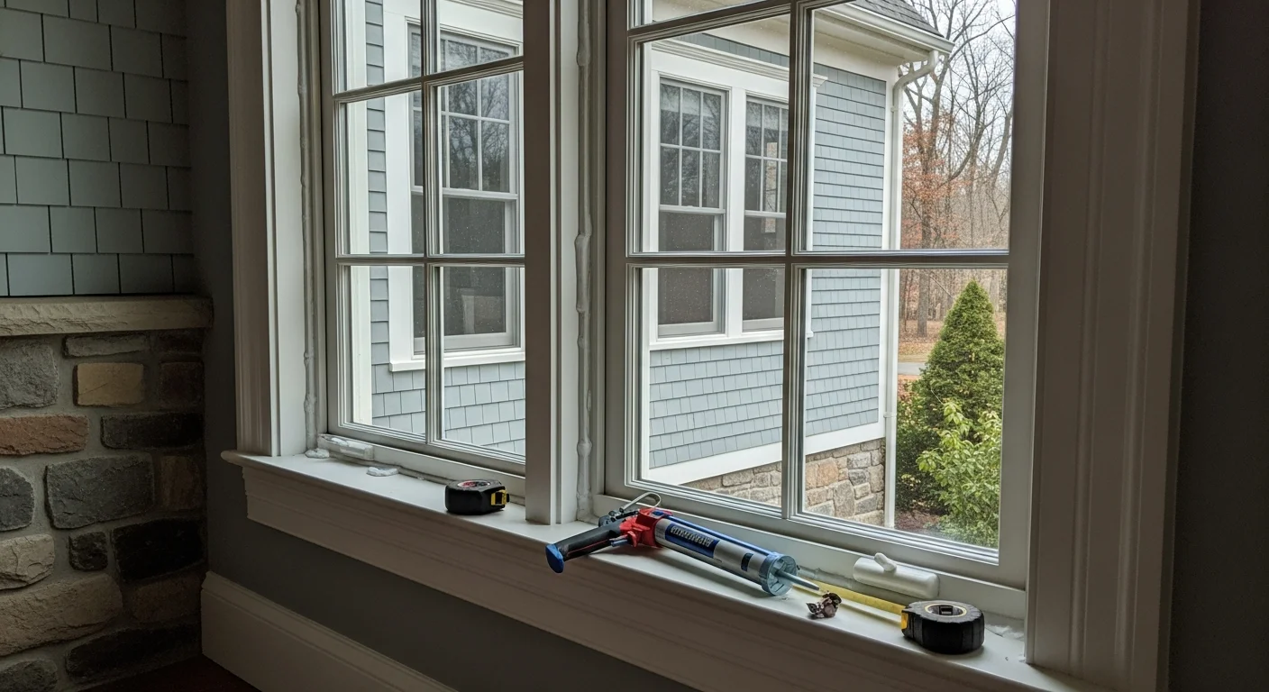 A newly installed double-hung window on a white colonial-style home in Bedford, New Hampshire, with clean exterior trim and a tight seal visible along the frame. The surrounding siding shows no gaps or caulk gaps, reflecting a finished professional window installation.