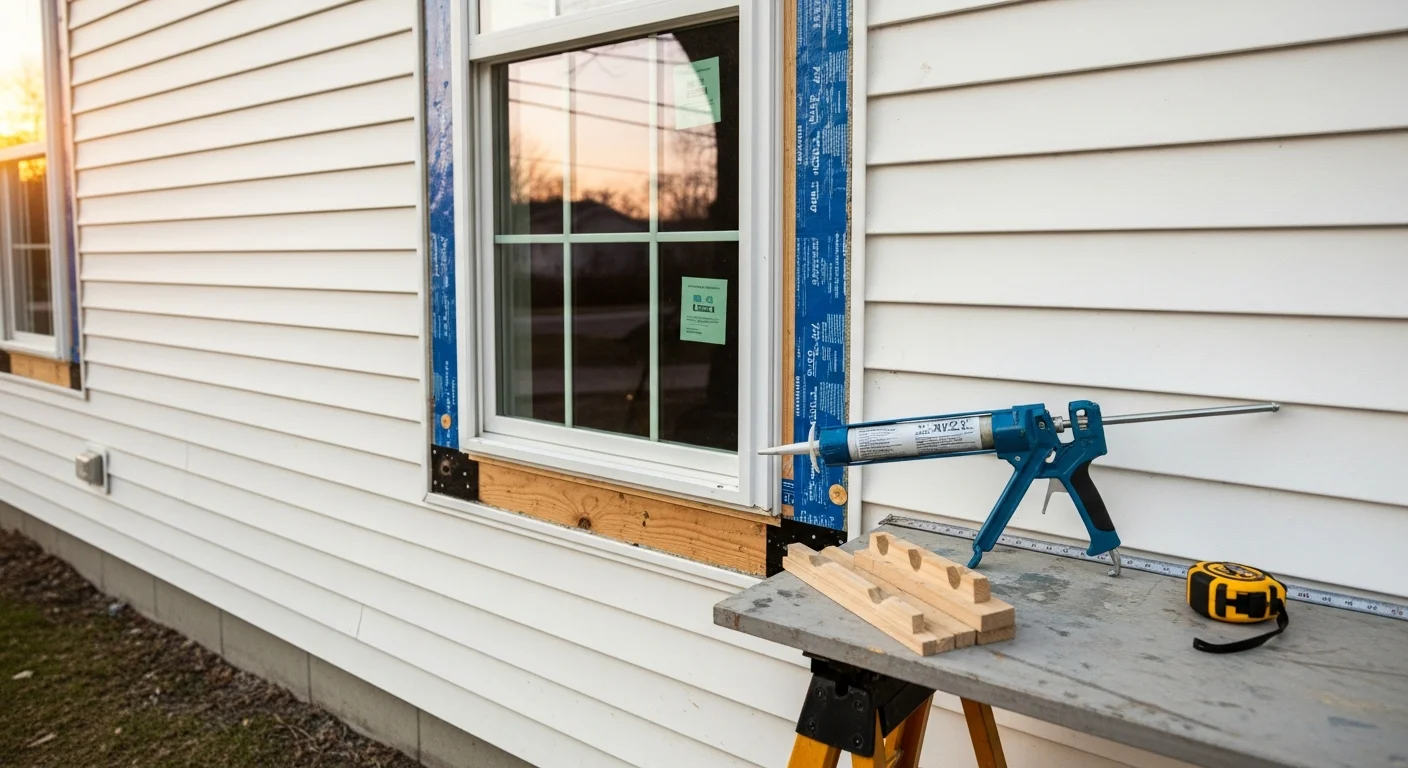 A Home Pros installer fitting a new replacement window into a colonial-style home exterior in Bedford, New Hampshire, with weathered original trim removed and fresh flashing visible around the opening. Close view shows the sealed frame and clean sill ready for interior finishing.